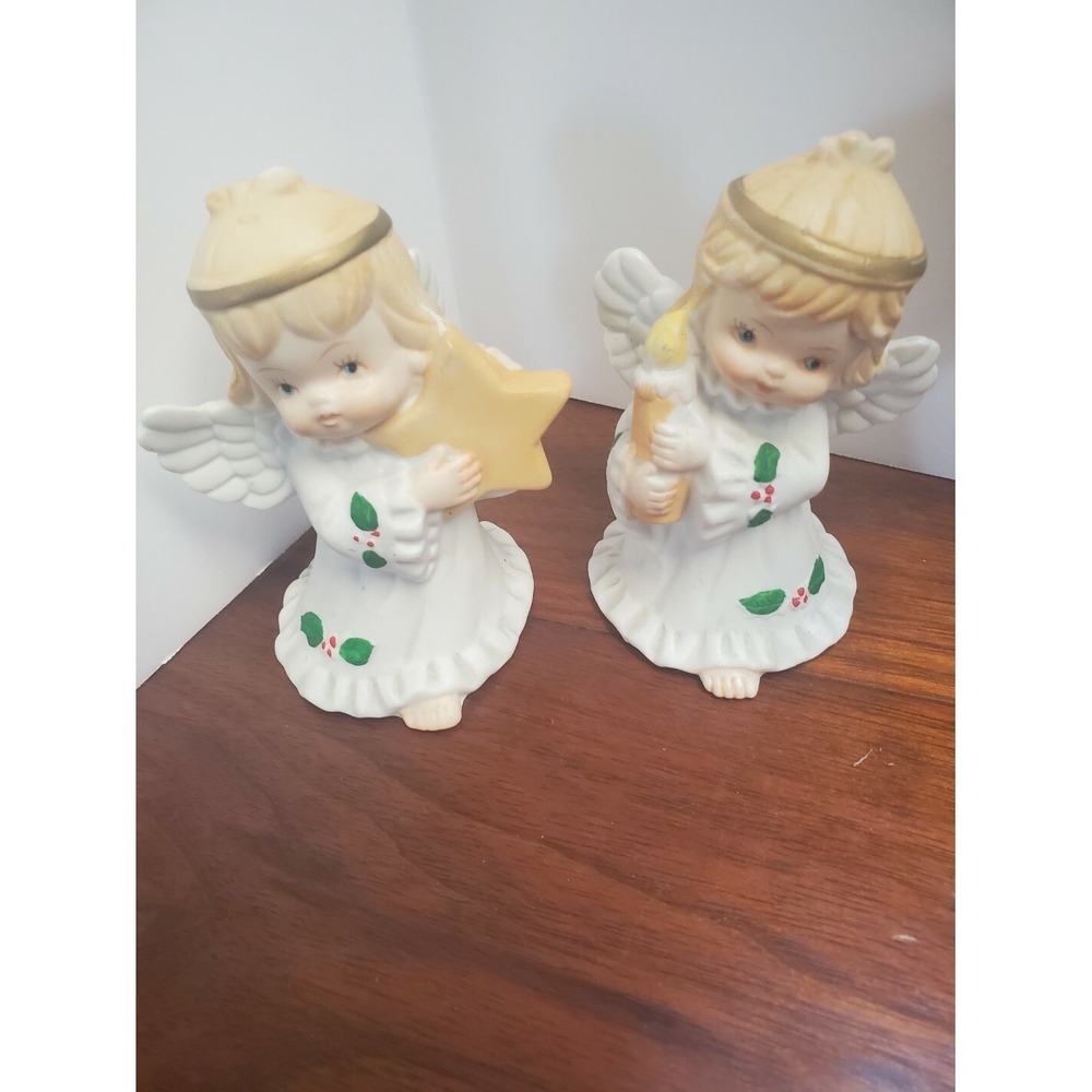 Vintage Ceramic Angel Figurine Set of 2 Christmas Cherubs Star Candle White Gold